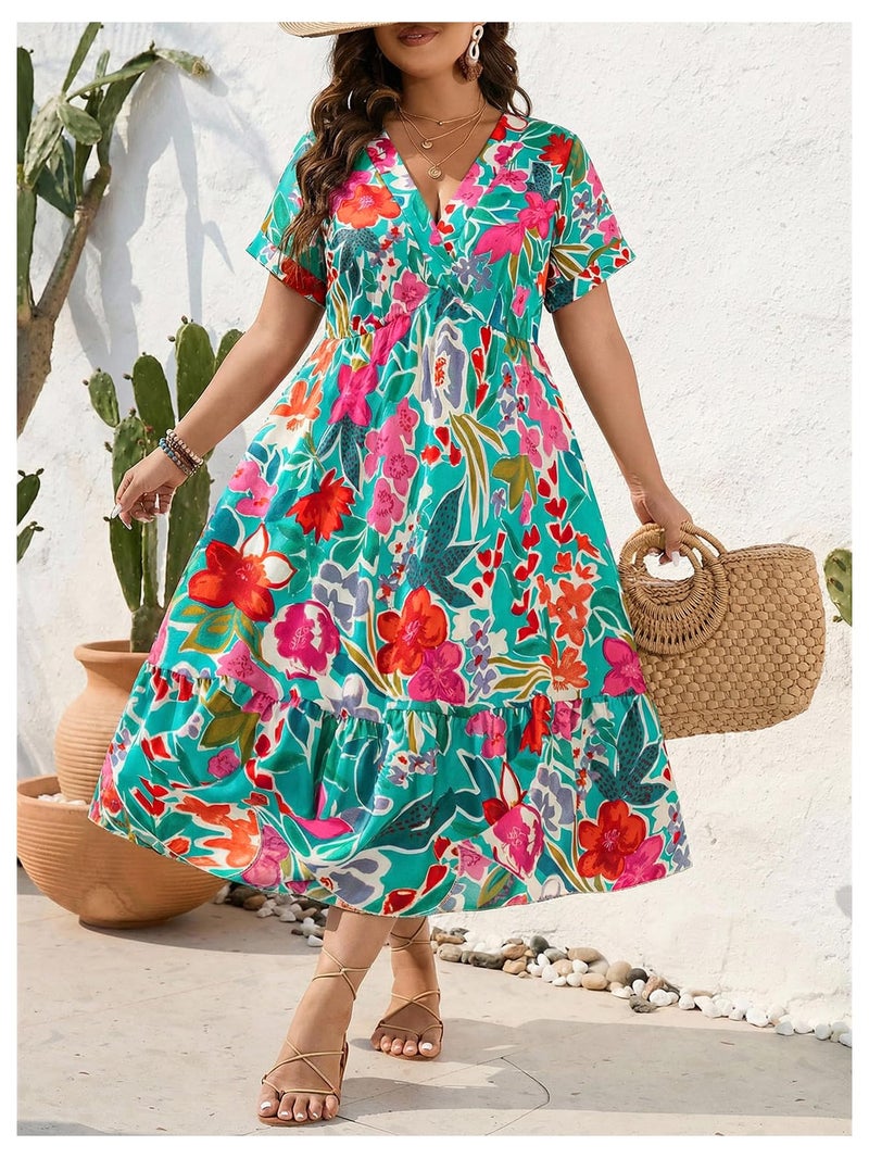 Floerns Women's Plus Size Wrap V Neck Short Sleeve Ruffle Hem A Line Short Dress Teal Green Multi X-Large Plus - Image 3
