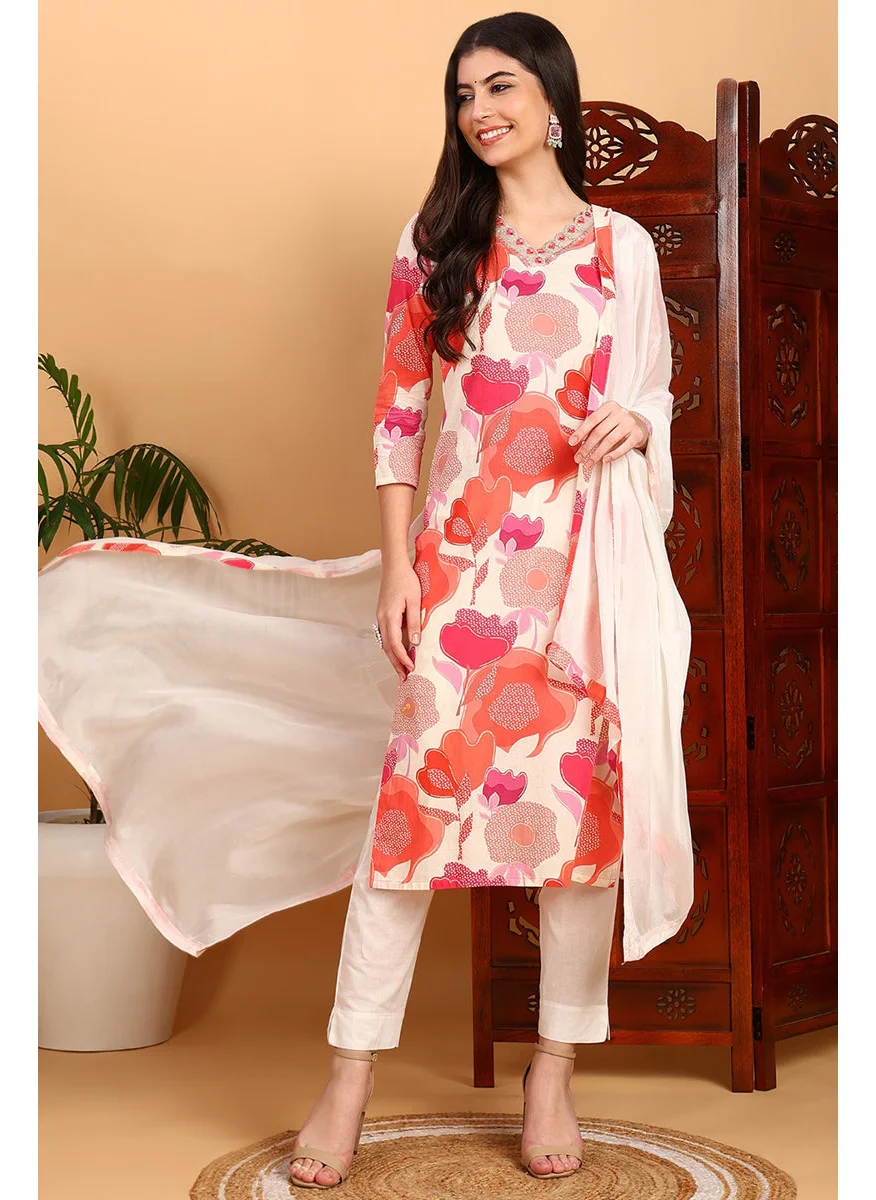 زيري سوق White Rayon Blend Floral Printed Straight Kurta Set
