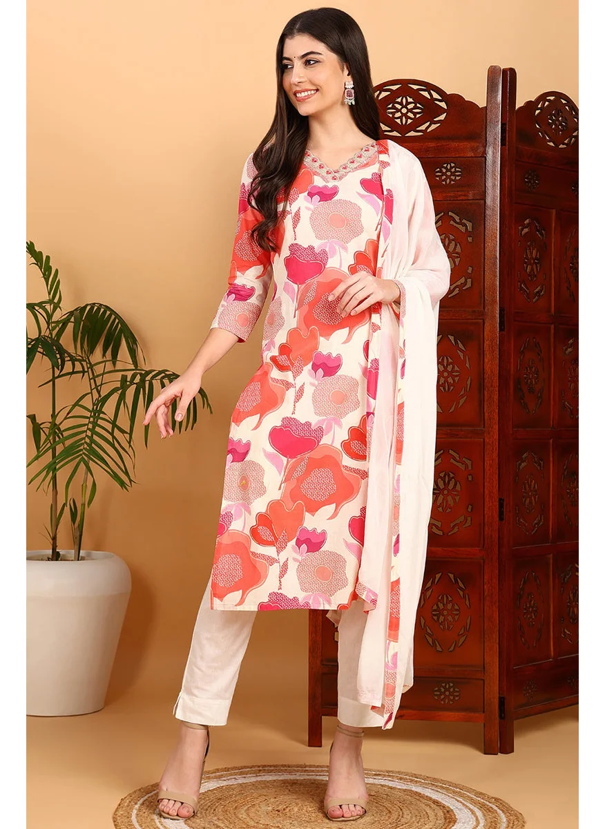 زيري سوق White Rayon Blend Floral Printed Straight Kurta Set