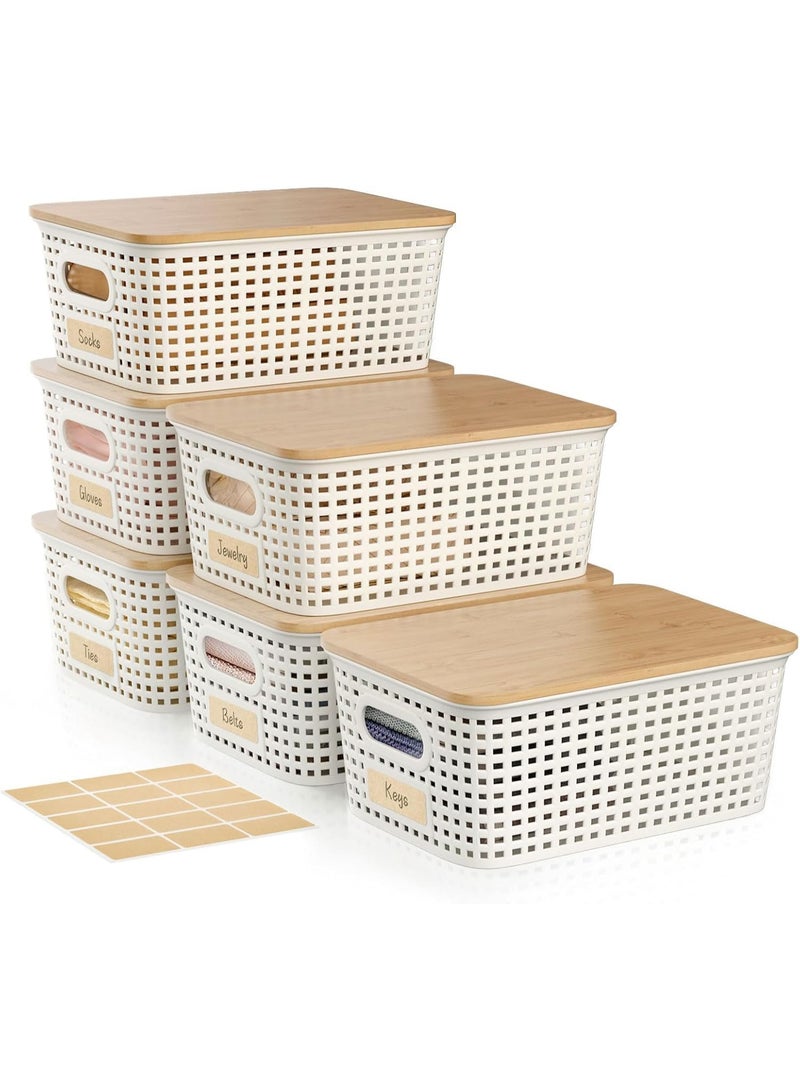 6 pcs Plastic Storage Basket with Bamboo Lid, Stackable Decorative Storage Bins Box Containers with Label for Organizing Shelves Desktop Office Bedroom Dorm Classroom - Image 1