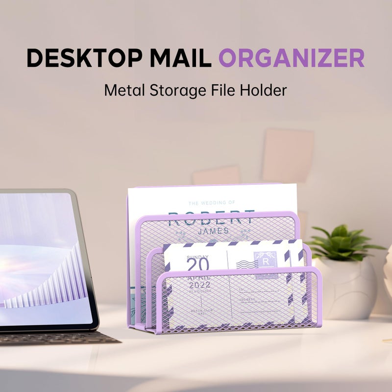 SUPEASY Mail Organizer for Desk, Mesh Metal Mail Holder Countertop with 3-Slot, Letter Sorter File Holder, Office Envelope Organizer for Mails (Purple) - Image 5