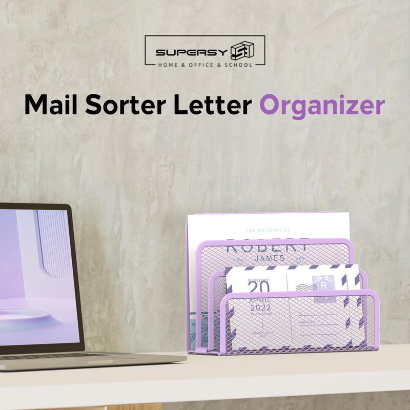 SUPEASY Mail Organizer for Desk, Mesh Metal Mail Holder Countertop with 3-Slot, Letter Sorter File Holder, Office Envelope Organizer for Mails (Purple) - Image 2