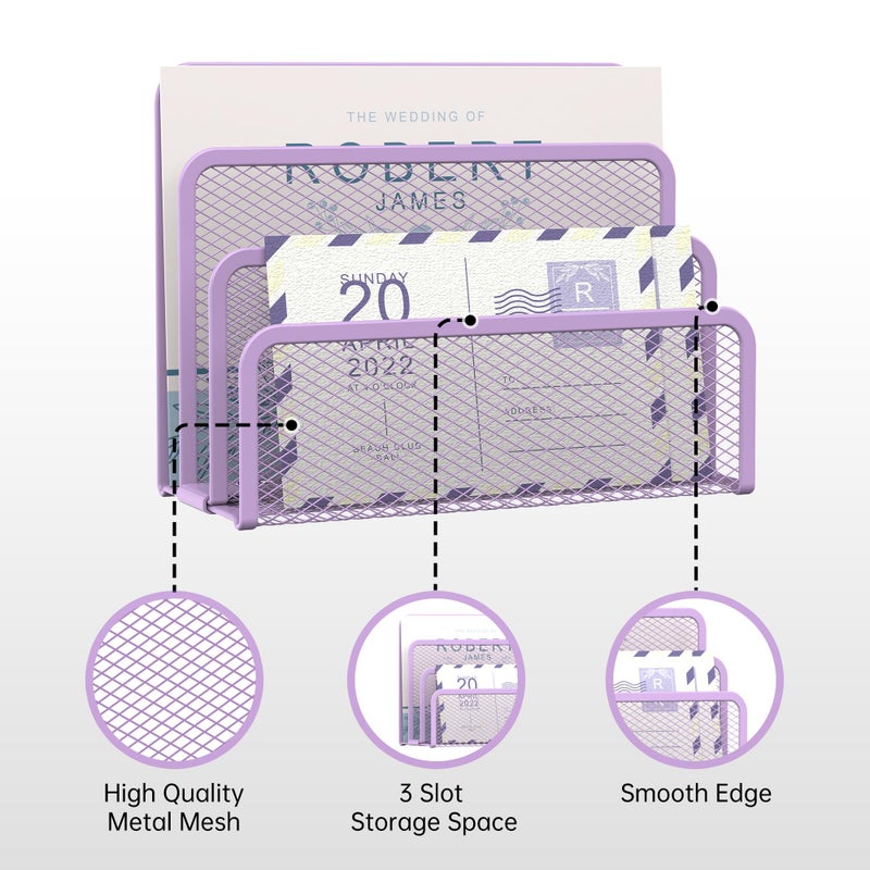 SUPEASY Mail Organizer for Desk, Mesh Metal Mail Holder Countertop with 3-Slot, Letter Sorter File Holder, Office Envelope Organizer for Mails (Purple) - Image 4