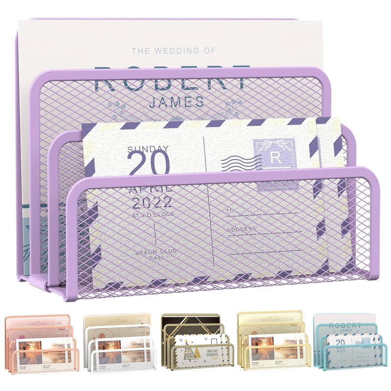 SUPEASY Mail Organizer for Desk, Mesh Metal Mail Holder Countertop with 3-Slot, Letter Sorter File Holder, Office Envelope Organizer for Mails (Purple) - Image 1