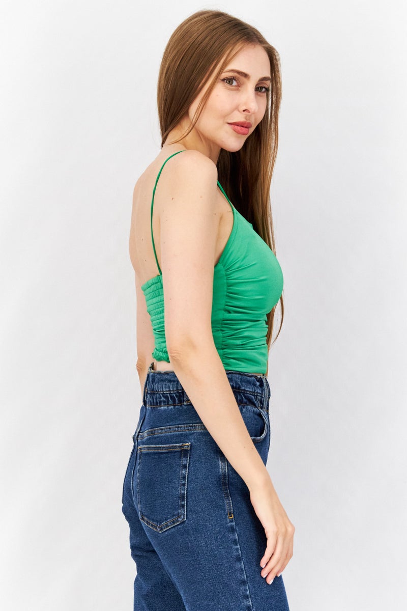 Sinsay Women Square Neck Sleeveless Shirred Top, Green - Image 4