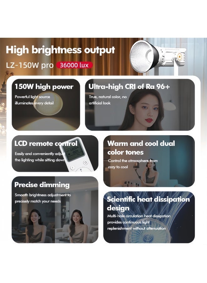 FlashHawk 150W LED Video Light with Standard Reflector & Remote Control - 3200K-5600K Dimmable, CRI>96, Bowens Mount, U-shaped 360° Rotation COB Photography Light for Studio/Streaming-White - Image 2