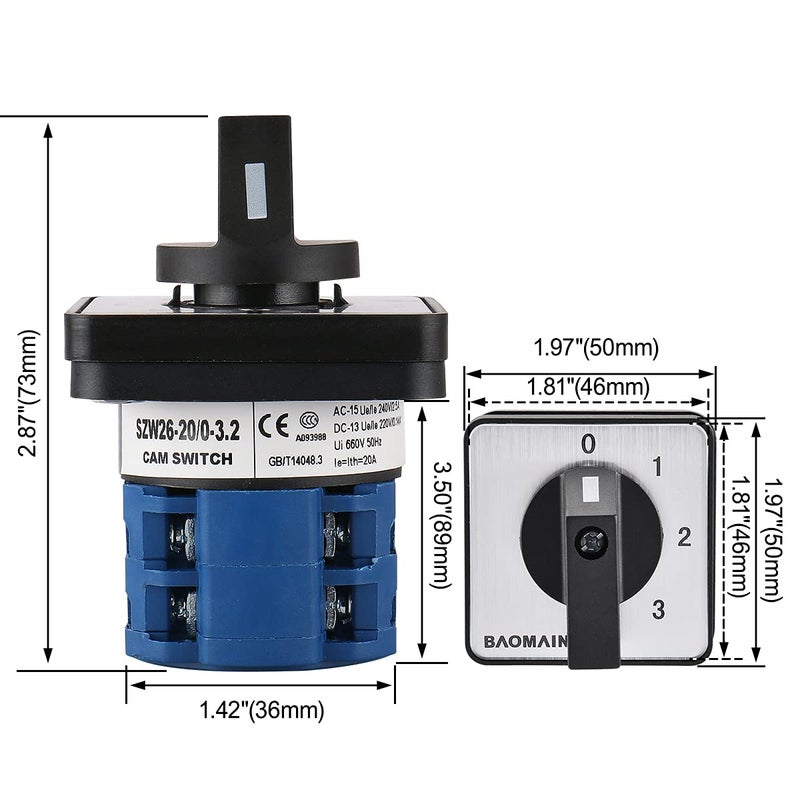 Baomain Changeover Switch Control Rotary SZW26-20/0-3.2 4 Postion 8 terminals Cam Switch 660V 20A - Image 5