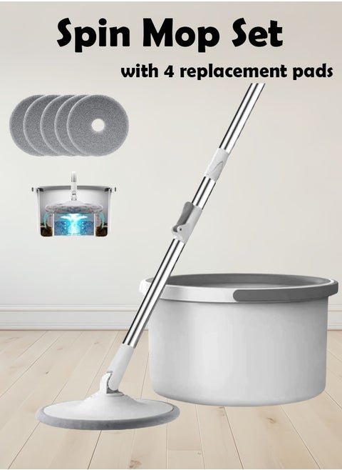 360° Spinning Mop Bucket Set with Self-Separating Water System | 4 Microfiber Floor Mop Pads | Adjustable Handle for Ceramic/Tile Floor Cleaning | Complete Mob Cleaning Kit (120-140cm)