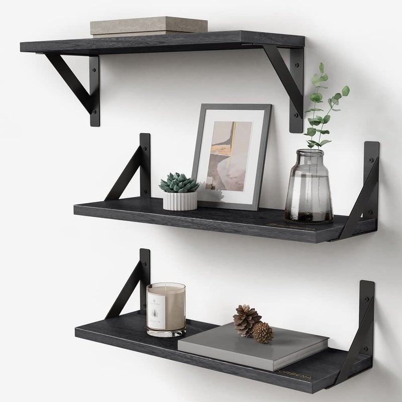 Forbena Black Floating Shelves Bathroom Set of 3, Wooden Wall Book Shelves, Rustic Shelf for Storage, Bathroom Organizer, Living Room, Kitchen, Office (Black) - Image 1