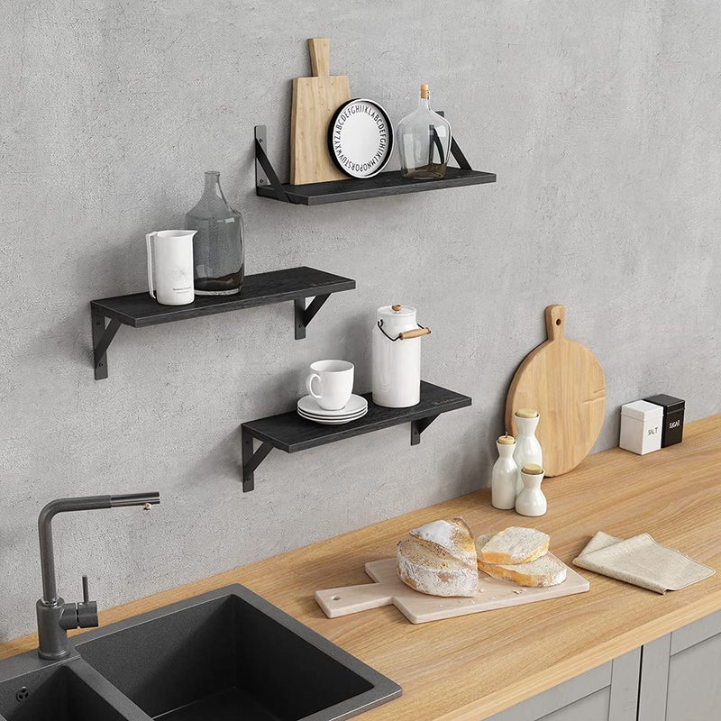 Forbena Black Floating Shelves Bathroom Set of 3, Wooden Wall Book Shelves, Rustic Shelf for Storage, Bathroom Organizer, Living Room, Kitchen, Office (Black) - Image 2