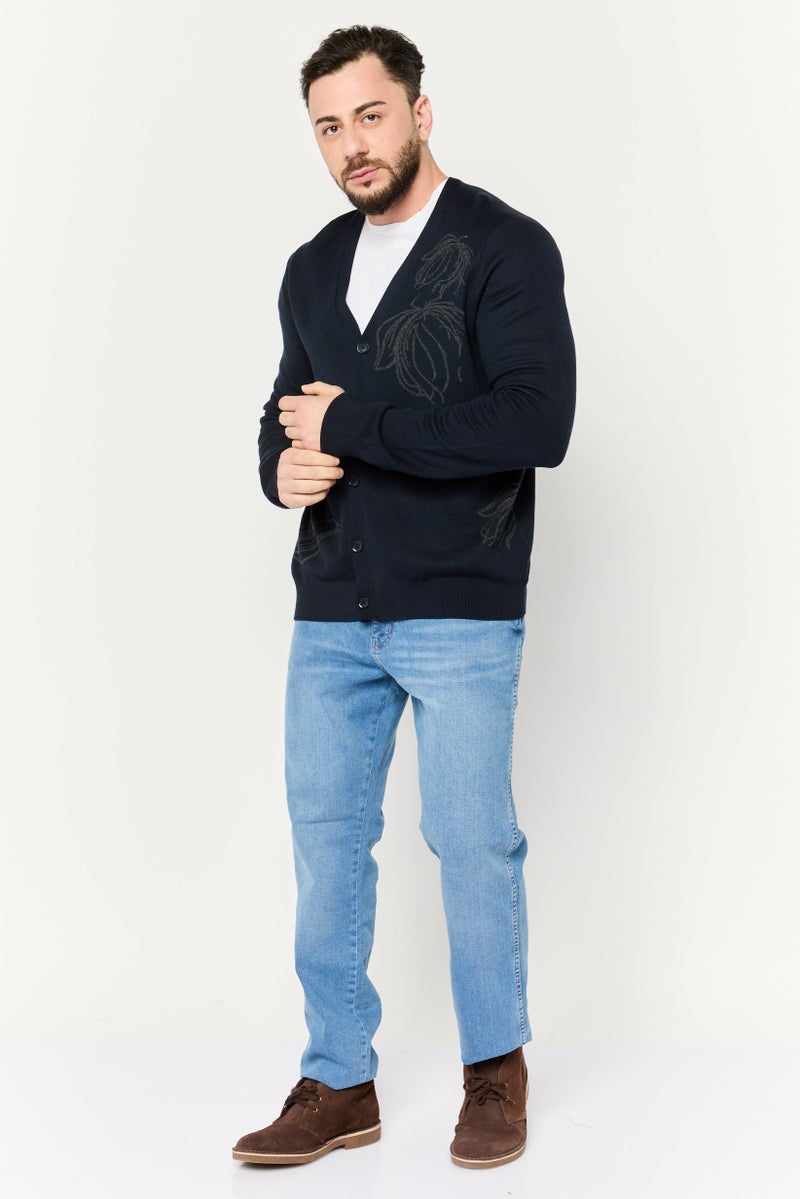 PERRY ELLIS Men V-Neck Long Sleeve Printed Cardigan, Navy  - Image 2