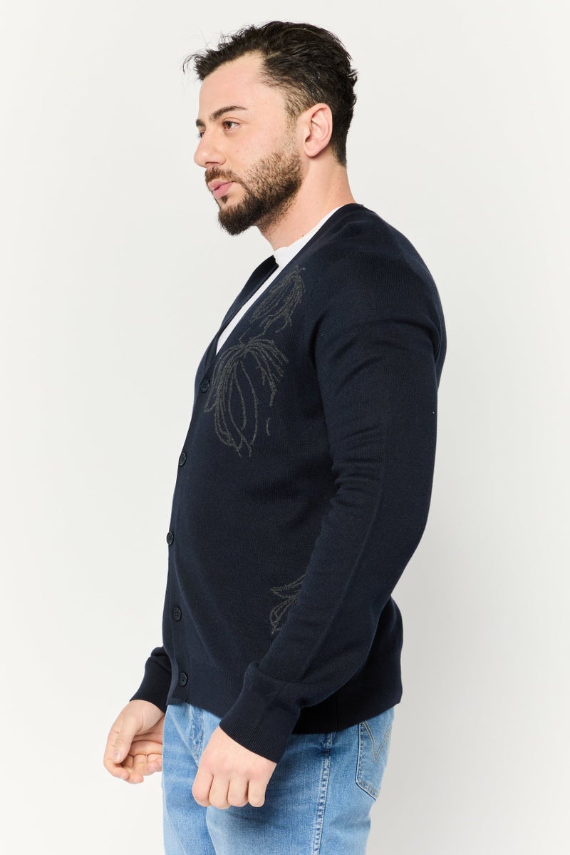 PERRY ELLIS Men V-Neck Long Sleeve Printed Cardigan, Navy  - Image 3