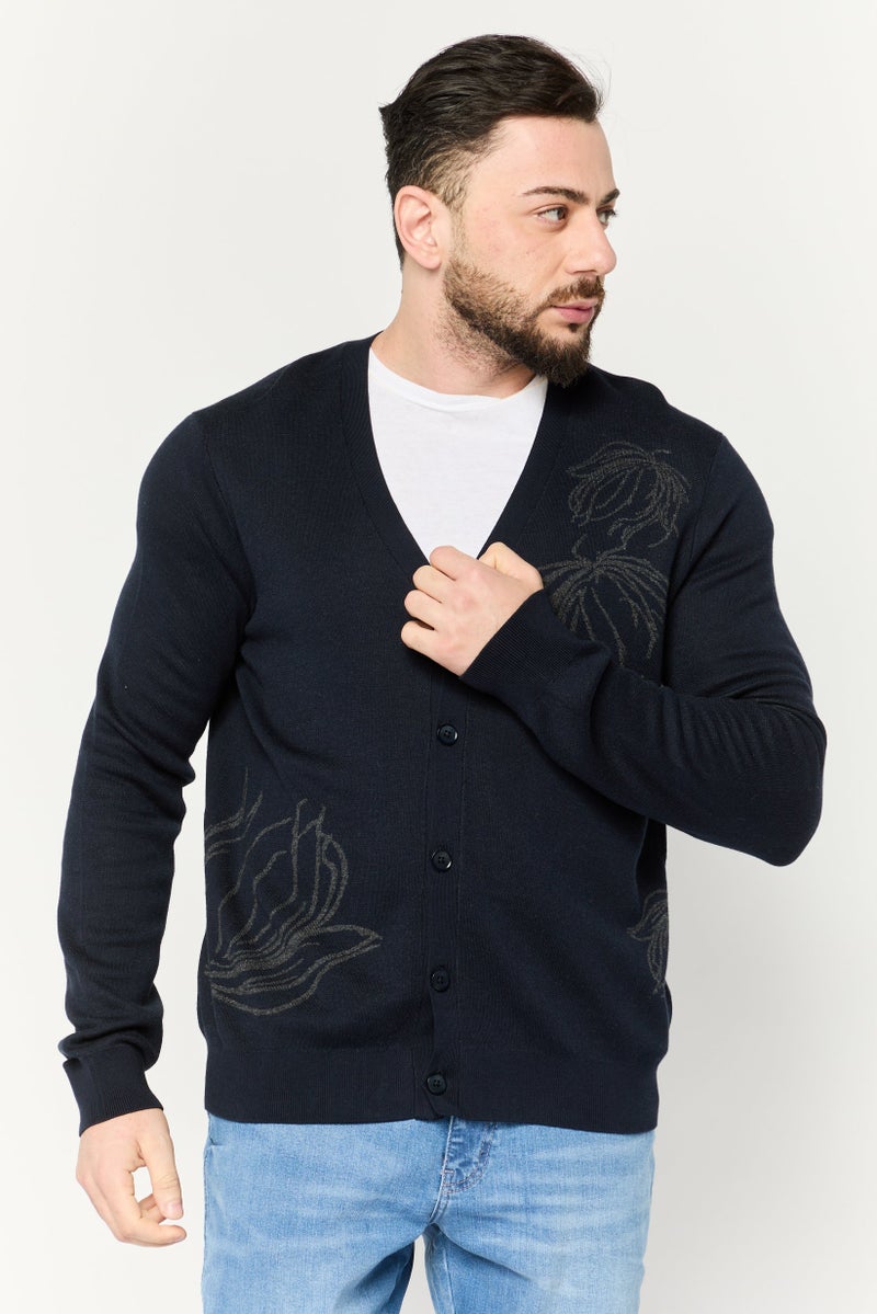 PERRY ELLIS Men V-Neck Long Sleeve Printed Cardigan, Navy  - Image 1