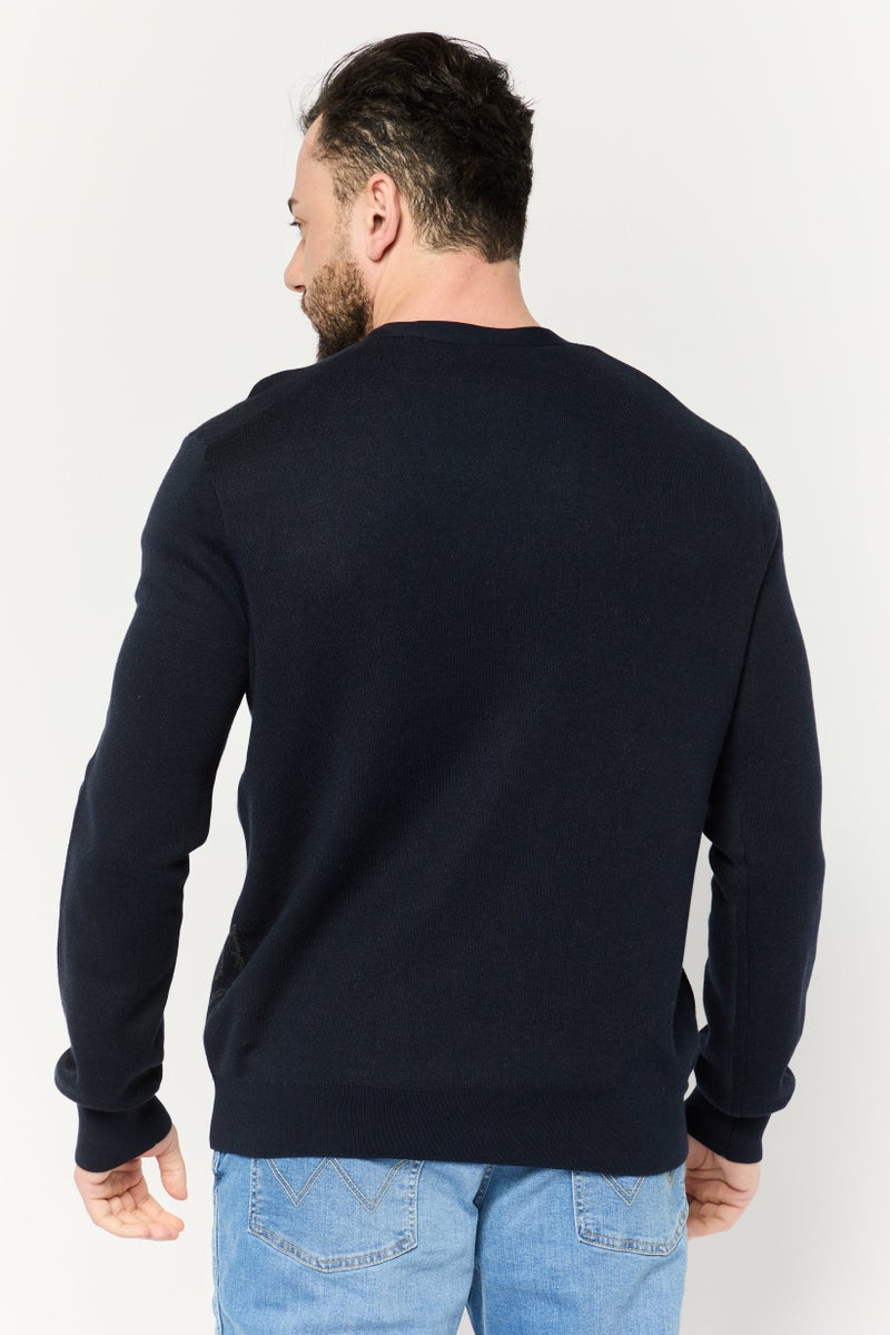 PERRY ELLIS Men V-Neck Long Sleeve Printed Cardigan, Navy  - Image 4