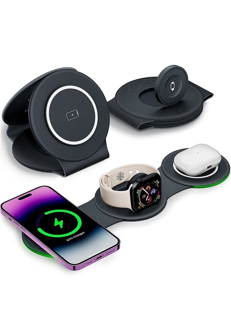 كيلا لوحة شحن لاسلكية قابلة للطي 3 في 1، 18 وات سريعة الشحن المغناطيسية متعددة الاستخدامات مع Magsafe لأجهزة iPhone 16/15/14/13/12/ Series وiWatch 8 7 6 5 4 3 2 SE وAirpods 3 2 Pro، أسود - Image 1