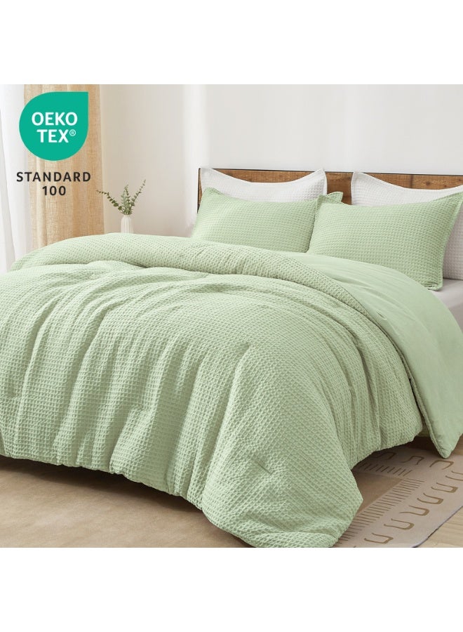 PHF Ultra Soft Waffle Weave 3 Pieces Comforter Set Queen Size, Lightweight Breathable Comfy Textured, Includes 1 Comforter (230cm x 230cm) with 2 Pillow Shams (50 cm x 66 cm), Sage Green - Image 3