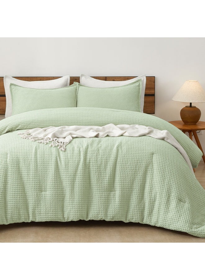 PHF Ultra Soft Waffle Weave 3 Pieces Comforter Set Queen Size, Lightweight Breathable Comfy Textured, Includes 1 Comforter (230cm x 230cm) with 2 Pillow Shams (50 cm x 66 cm), Sage Green - Image 1