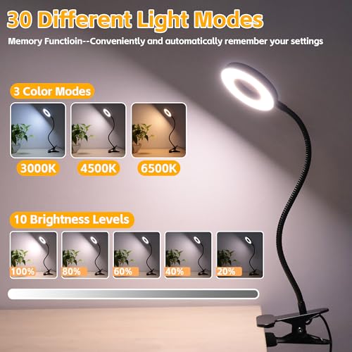Foneso Desk Lamp Clip on Light, 48 LED USB Lamp with 3 Color Modes 10 Brightness Levels, 360° Flexible Gooseneck Eye Protection Bed Night Light for Reading, Makeup, Craft (Black) - Image 5