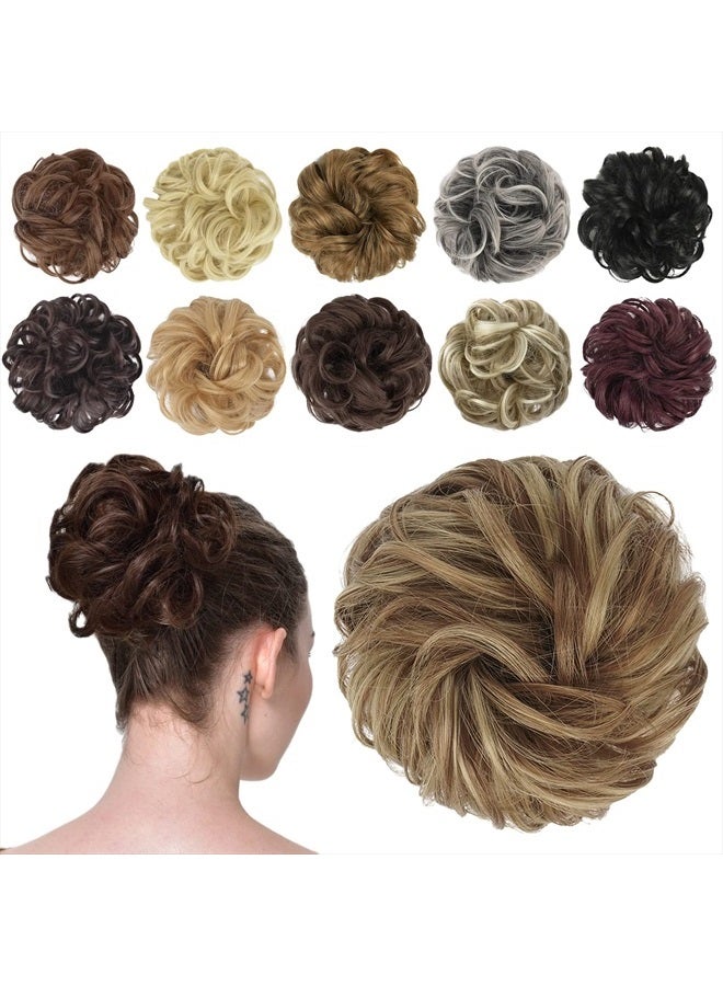 FESHFEN Messy Bun Hair Piece, Messy Hair Bun Scrunchies for Women Brown and Blonde Synthetic Wavy Curly Chignon Ponytail Hair Extensions Thick Updo Hairpiece for Daily Wear 1PCS - Image 1