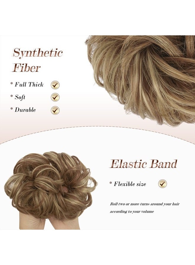 FESHFEN Messy Bun Hair Piece, Messy Hair Bun Scrunchies for Women Brown and Blonde Synthetic Wavy Curly Chignon Ponytail Hair Extensions Thick Updo Hairpiece for Daily Wear 1PCS - Image 4