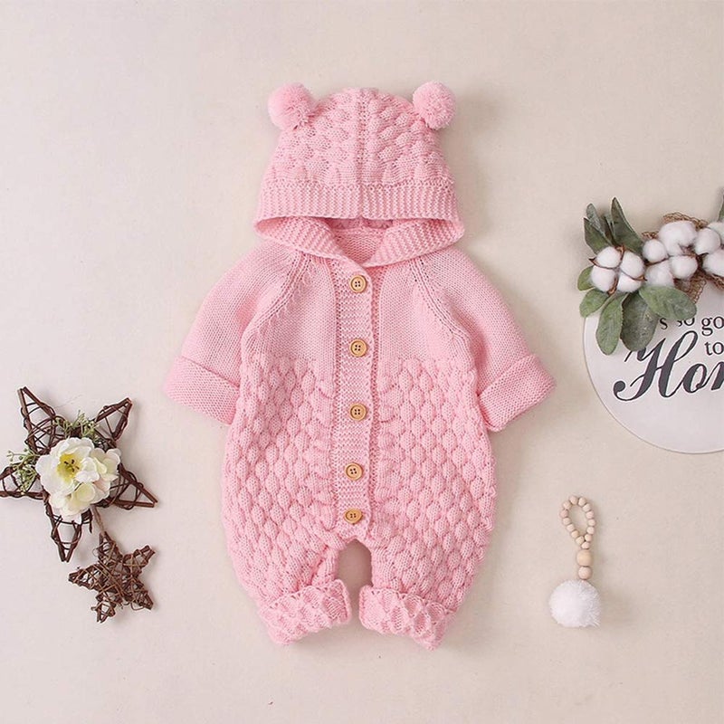 OBEEII Newborn Baby Ear Hooded Knitted Romper Snowsuit Bodysuit Overalls for Baby Boy Girl Pink 12-18 Months - Image 2