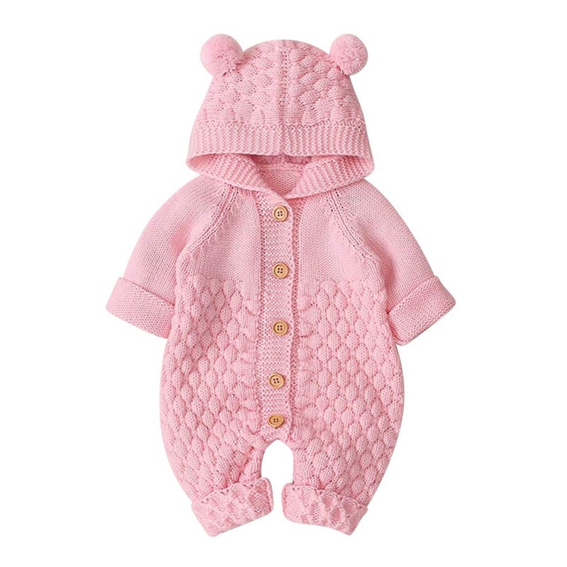 OBEEII Newborn Baby Ear Hooded Knitted Romper Snowsuit Bodysuit Overalls for Baby Boy Girl Pink 12-18 Months - Image 1