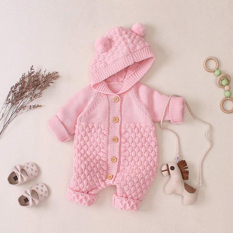OBEEII Newborn Baby Ear Hooded Knitted Romper Snowsuit Bodysuit Overalls for Baby Boy Girl Pink 12-18 Months - Image 3