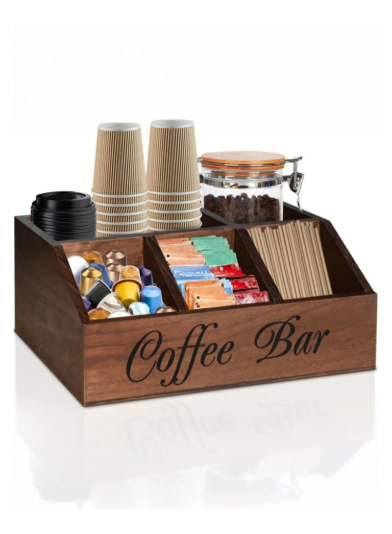 Coffee Station Organizer for Counter, Wood Coffee Pods Holder Storage Basket, Coffee and Tea Condiment Storage Organizer, Rustic Coffee Bar Decor for Coffee Accessories Organizer - Image 1