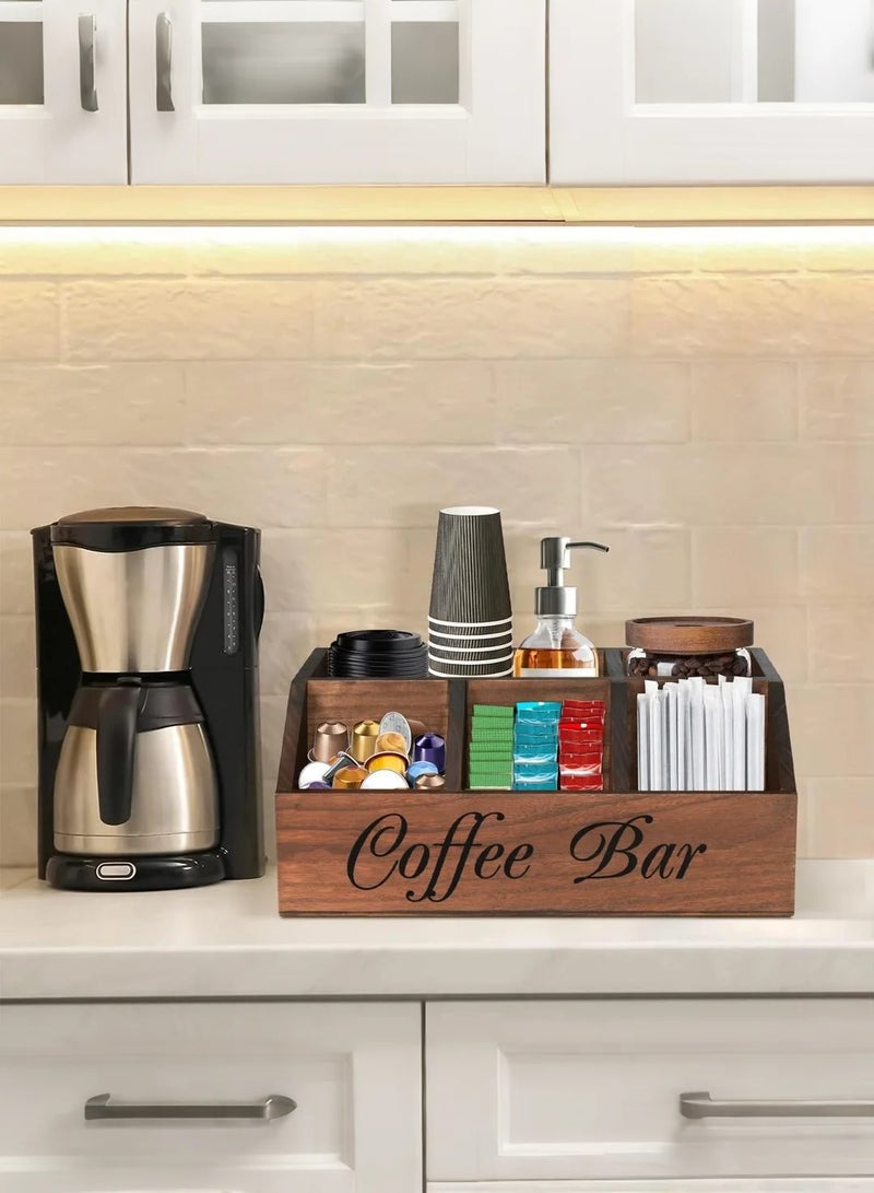 Coffee Station Organizer for Counter, Wood Coffee Pods Holder Storage Basket, Coffee and Tea Condiment Storage Organizer, Rustic Coffee Bar Decor for Coffee Accessories Organizer - Image 4