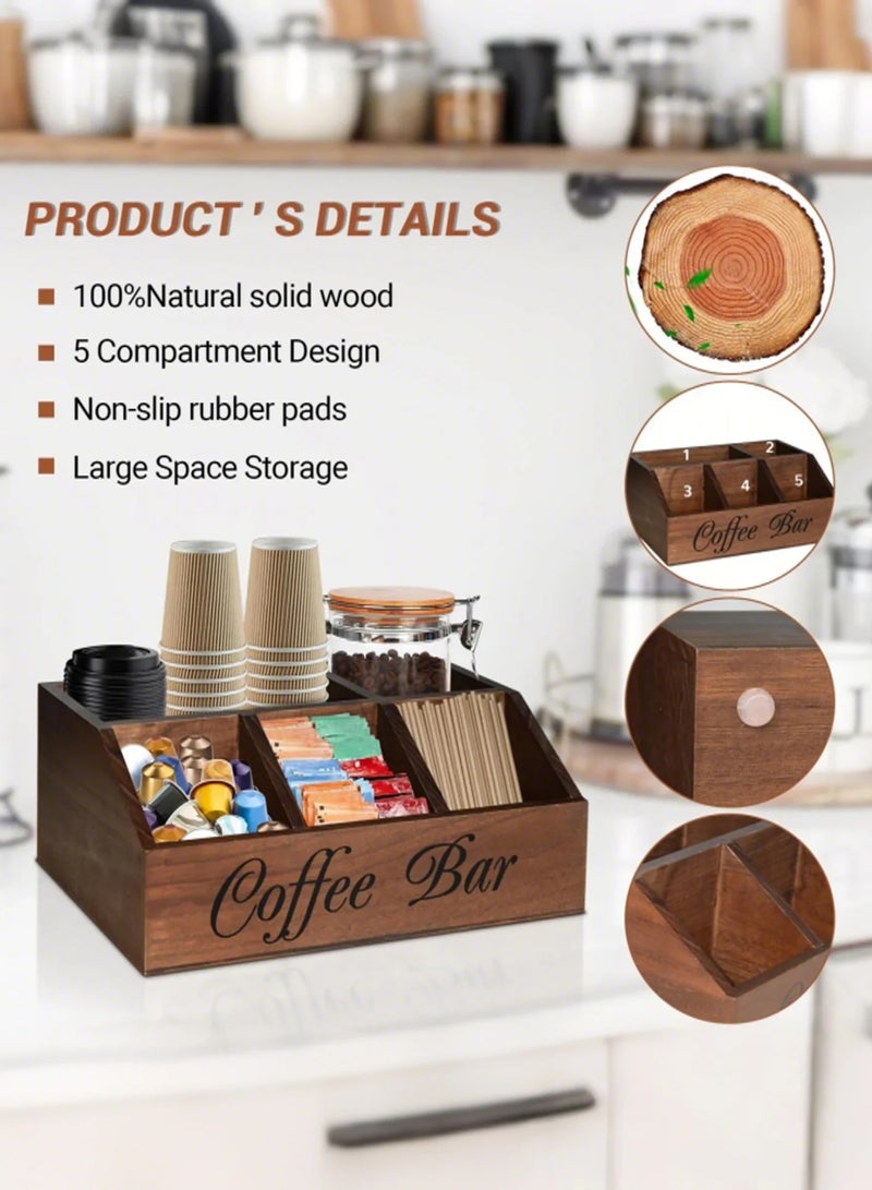 Coffee Station Organizer for Counter, Wood Coffee Pods Holder Storage Basket, Coffee and Tea Condiment Storage Organizer, Rustic Coffee Bar Decor for Coffee Accessories Organizer - Image 5