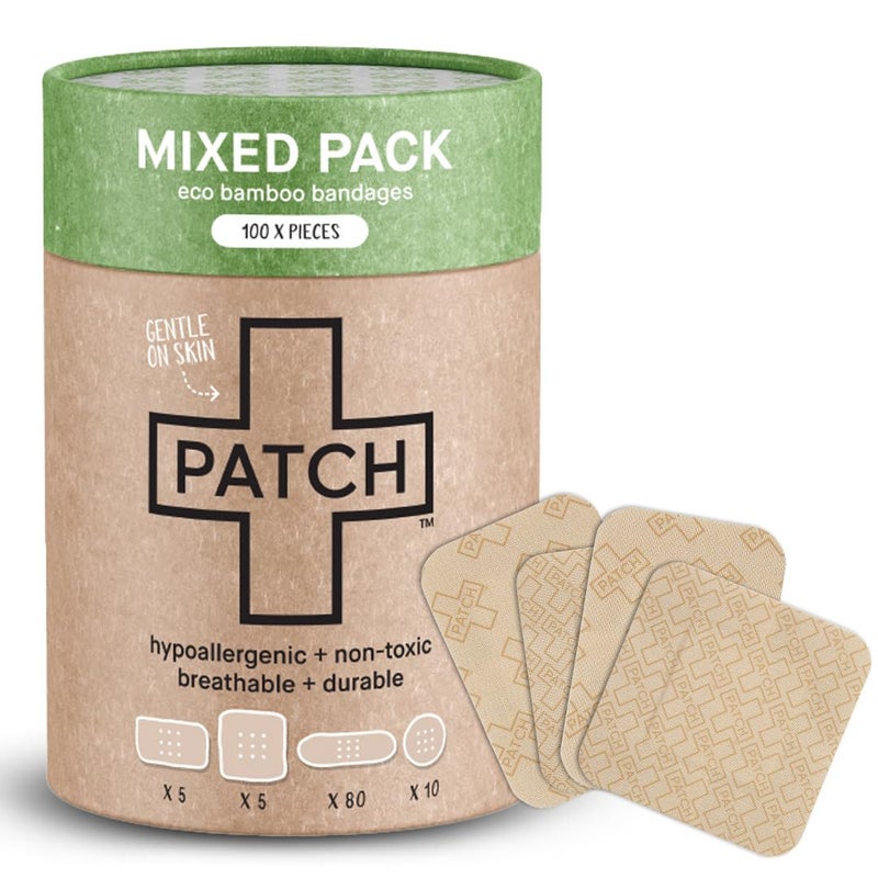 PATCH 100 Piece Value Pack Mixed Sizes - Eco-Friendly Bamboo Bandages for Cuts & Scratches, Hypoallergenic Wound Care for Sensitive Skin, Compostable & Biodegradable, Latex Free, Plastic Free - Image 1