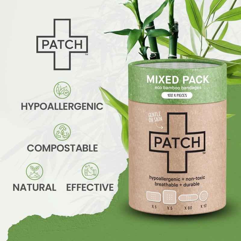 PATCH 100 Piece Value Pack Mixed Sizes - Eco-Friendly Bamboo Bandages for Cuts & Scratches, Hypoallergenic Wound Care for Sensitive Skin, Compostable & Biodegradable, Latex Free, Plastic Free - Image 2