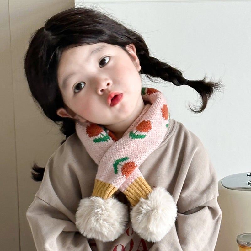 Cute Knitted Baby Winter Scarf with Pompoms Flower beige  - Image 1