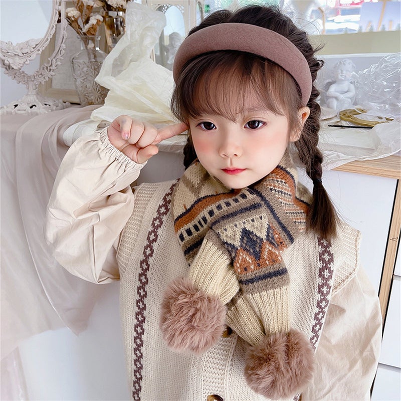 Cute Knitted Baby Winter Scarf with Pompoms Flower beige  - Image 4