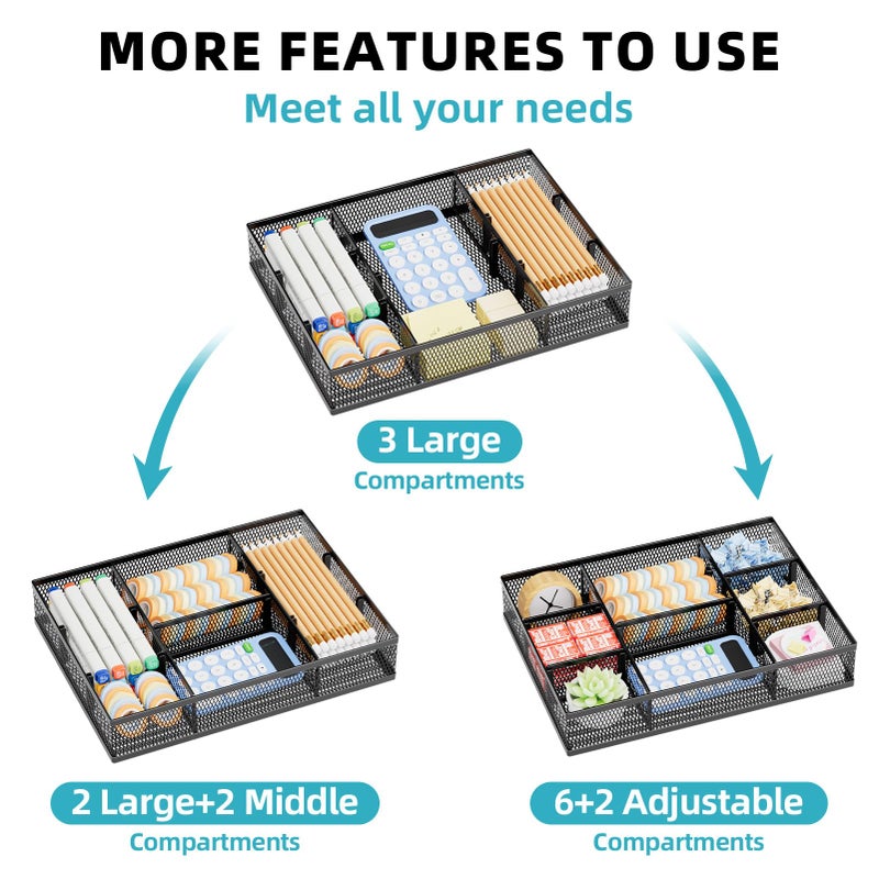 Marbrasse 2 Pack Desk Drawer Organizer, Mesh Drawer Organizer Tray with 8 Adjustable Compartments, Desk Organizers and Accessories, 5 Dividers Drawer for Office Supplies, Makeup & Vanity (Black) - Image 4