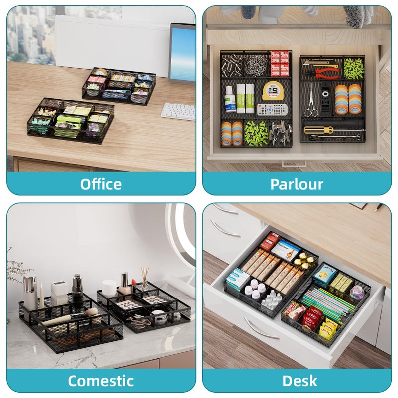 Marbrasse 2 Pack Desk Drawer Organizer, Mesh Drawer Organizer Tray with 8 Adjustable Compartments, Desk Organizers and Accessories, 5 Dividers Drawer for Office Supplies, Makeup & Vanity (Black) - Image 3
