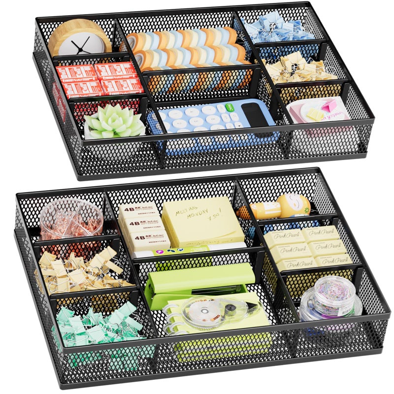 Marbrasse 2 Pack Desk Drawer Organizer, Mesh Drawer Organizer Tray with 8 Adjustable Compartments, Desk Organizers and Accessories, 5 Dividers Drawer for Office Supplies, Makeup & Vanity (Black) - Image 1