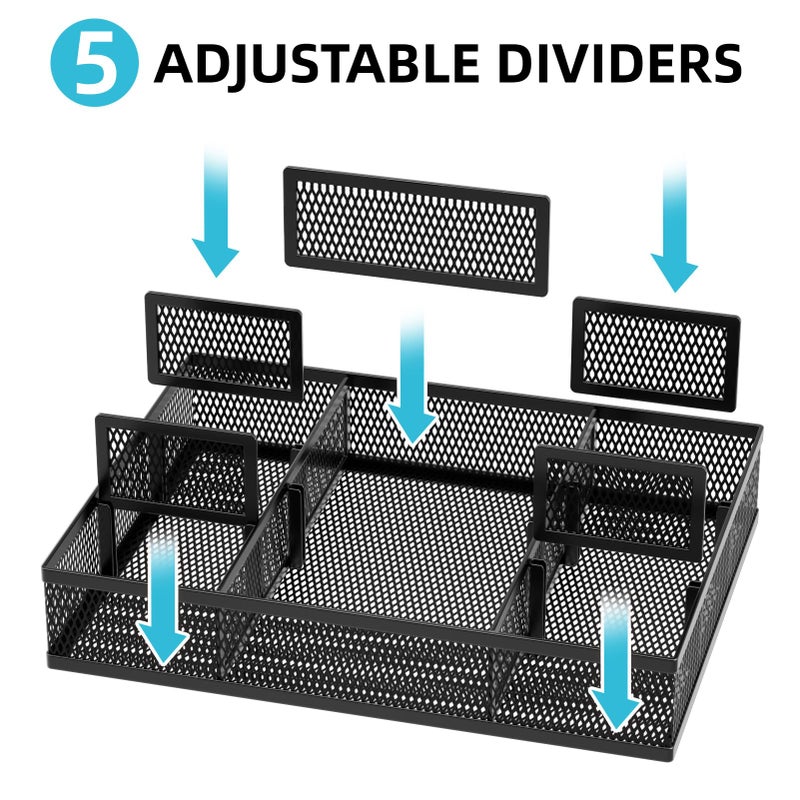 Marbrasse 2 Pack Desk Drawer Organizer, Mesh Drawer Organizer Tray with 8 Adjustable Compartments, Desk Organizers and Accessories, 5 Dividers Drawer for Office Supplies, Makeup & Vanity (Black) - Image 2