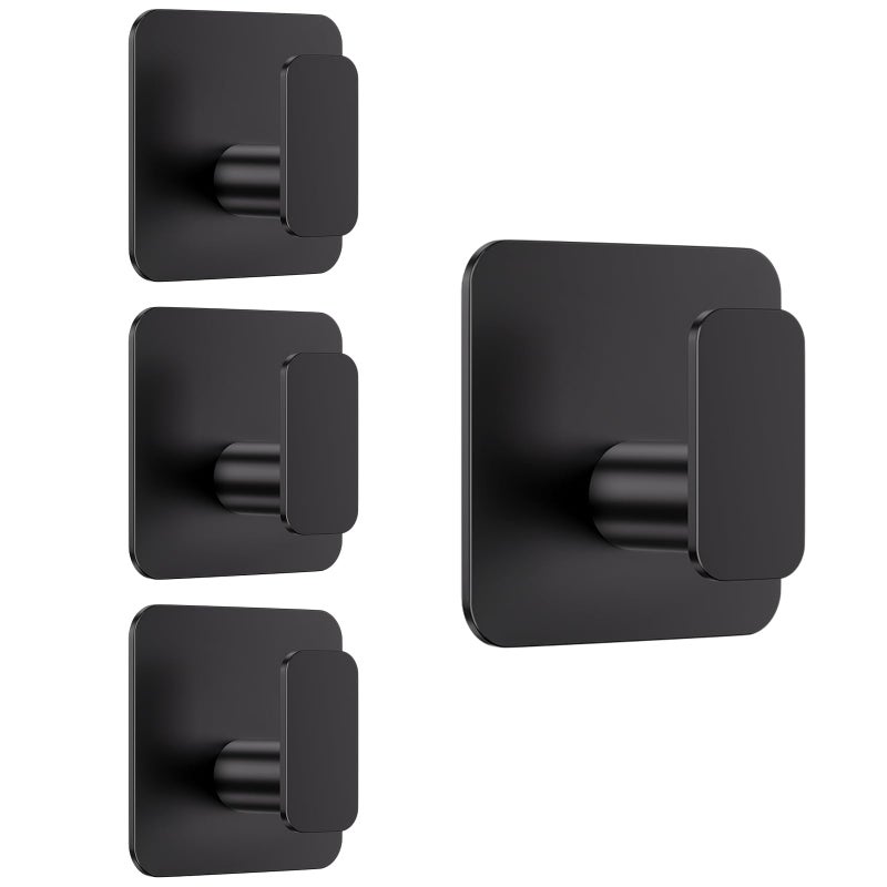 Aikzik Black Hooks for Hanging Heavy Duty, Adhesive Hooks for Shower, Bathroom, Kitchen, Robe, Towel, Coat, Waterproof & Rustproof Hook for Walls No Damage, Sticky Wall Towel Hooks - 4 Pack - Image 1