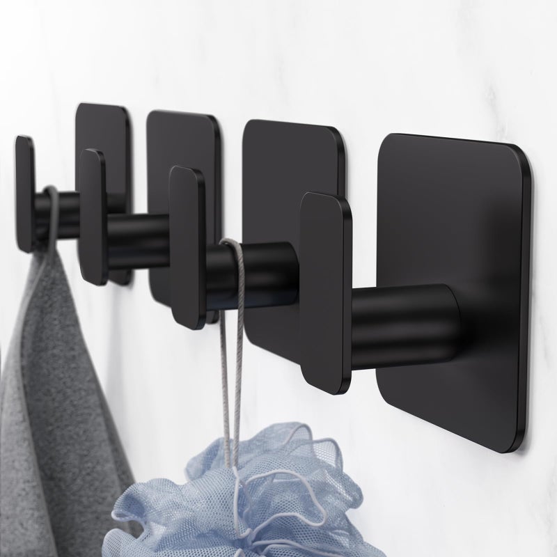 Aikzik Black Hooks for Hanging Heavy Duty, Adhesive Hooks for Shower, Bathroom, Kitchen, Robe, Towel, Coat, Waterproof & Rustproof Hook for Walls No Damage, Sticky Wall Towel Hooks - 4 Pack - Image 2