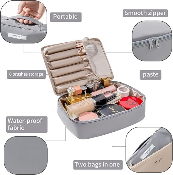 WEMOL Small Travel Fashion Cosmetic Organizer Bag with Detachable Pouch, Super Soft Makeup Organiser Bag for Brushes, Toiletries, Cosmetics Items for Women (Grey) - Image 5