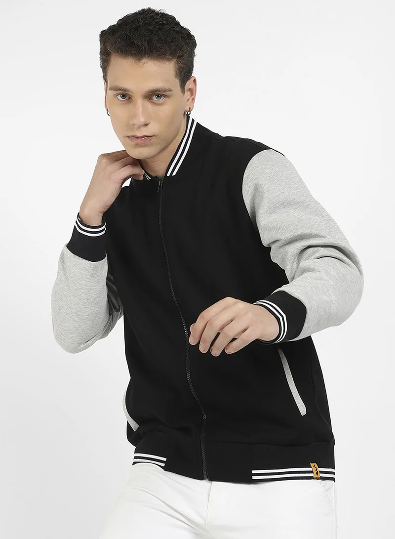 Campus Sutra Men's Light Grey:Onyx Black Block-Knit Bomber Jacket