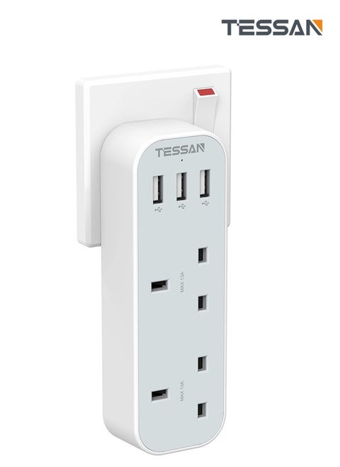 محول توصيل مزدوج للقابس من TESSAN مع 3 USB، محول تمديد متعدد المقابس ثنائي الاتجاه، شاحن حائط بمقابس حائطية بريطانية 3 دبوس 13 أمبير، موسع طاقة للمنزل، المطبخ، المكتب، اللوازم المدرسية