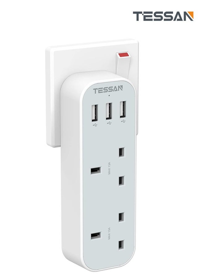 TESSAN TESSAN Double Plug Adaptor with 3 USB, 2 Way Multi Plugs Extension Adapter, 13A UK 3 Pin Wall Charger Sockets Power Extender for Home, Kitchen, Office, School Supplies  - Image 1