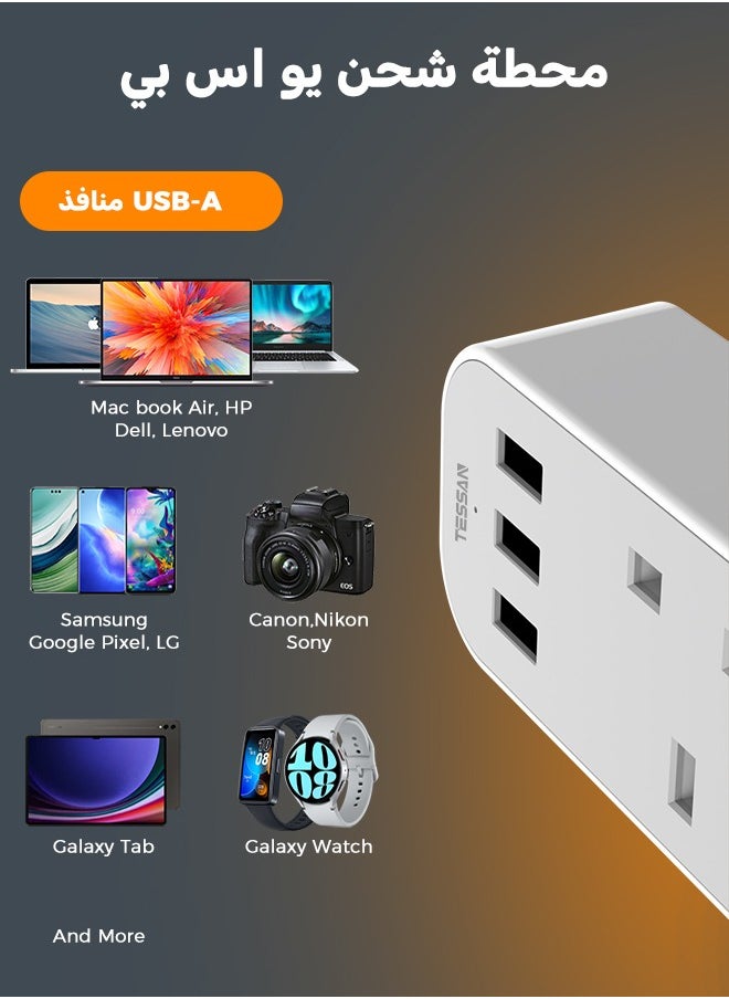 TESSAN TESSAN Double Plug Adaptor with 3 USB, 2 Way Multi Plugs Extension Adapter, 13A UK 3 Pin Wall Charger Sockets Power Extender for Home, Kitchen, Office, School Supplies  - Image 2