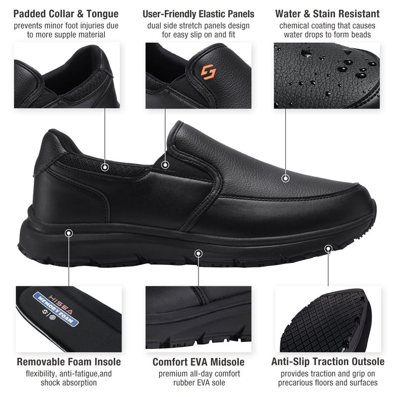 HISEA Non Slip Work Shoes for Men, Water & Oil Resistant Leather Slip on Kitchen Shoes, Comfortable Mens Slip Resistant Chef Shoes for Restaurant Food Service, Lightweight Walking Shoes, Black - Image 4