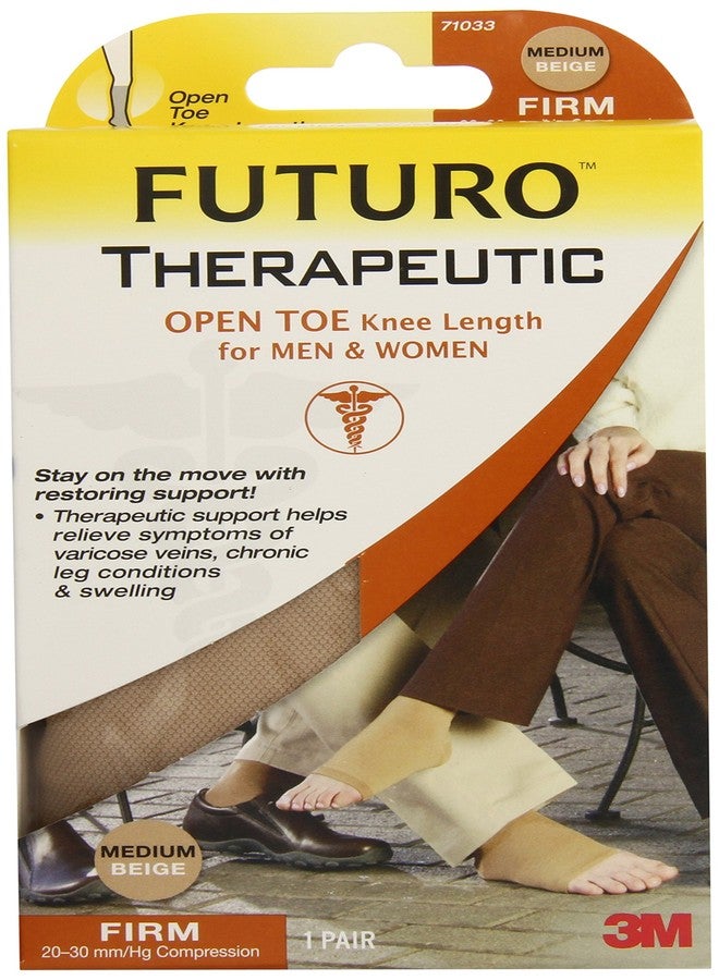 FUTURO Therapeutic Open Toe Knee Length Stockings for Men & Women, Medium, Beige