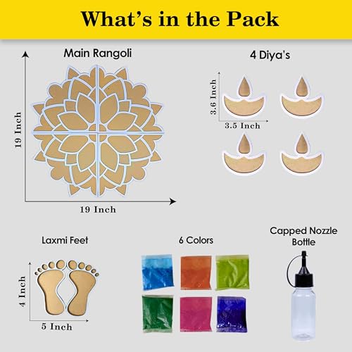 SOLOBOLO DIY Rangoli Mats for Pooja Decoration, 4 Pieces MDF 18 Inches Lotus Flower Rangoli Stencils for Door Entrance Big Size, 6 Rangoli Powder Colors for Home Decor - Image 2