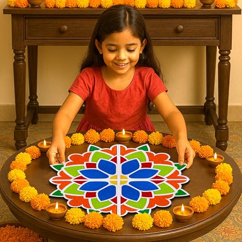 SOLOBOLO DIY Rangoli Mats for Pooja Decoration, 4 Pieces MDF 18 Inches Lotus Flower Rangoli Stencils for Door Entrance Big Size, 6 Rangoli Powder Colors for Home Decor - Image 3