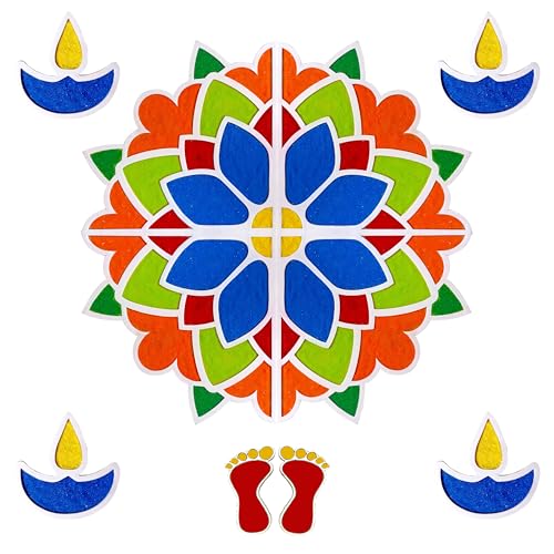 SOLOBOLO DIY Rangoli Mats for Pooja Decoration, 4 Pieces MDF 18 Inches Lotus Flower Rangoli Stencils for Door Entrance Big Size, 6 Rangoli Powder Colors for Home Decor - Image 1